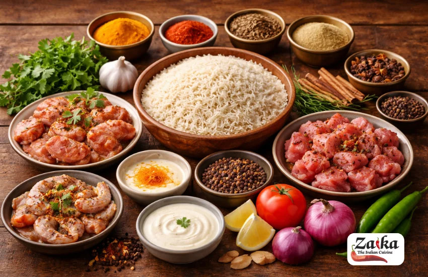 Biryani ingredients on rustic table