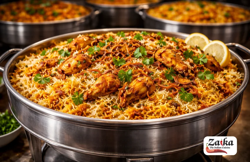 Chicken biryani on buffet table