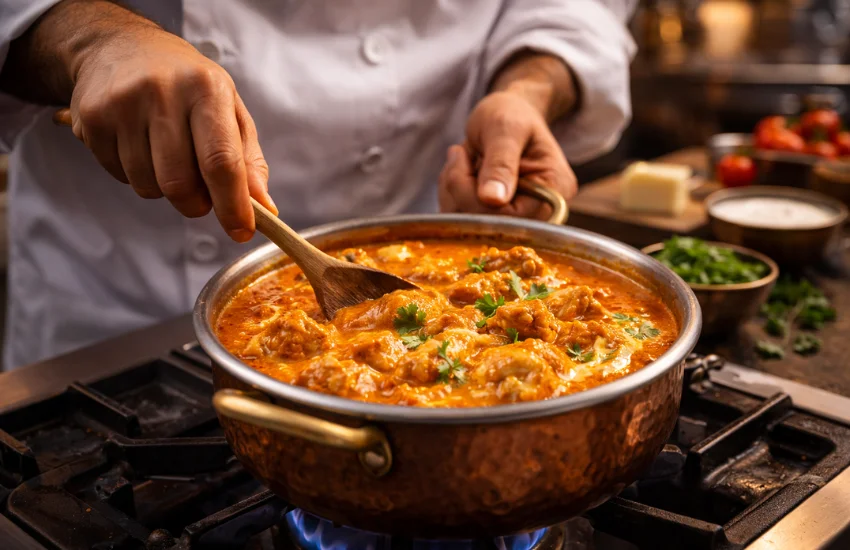 Cooking butter chicken in the kitchen