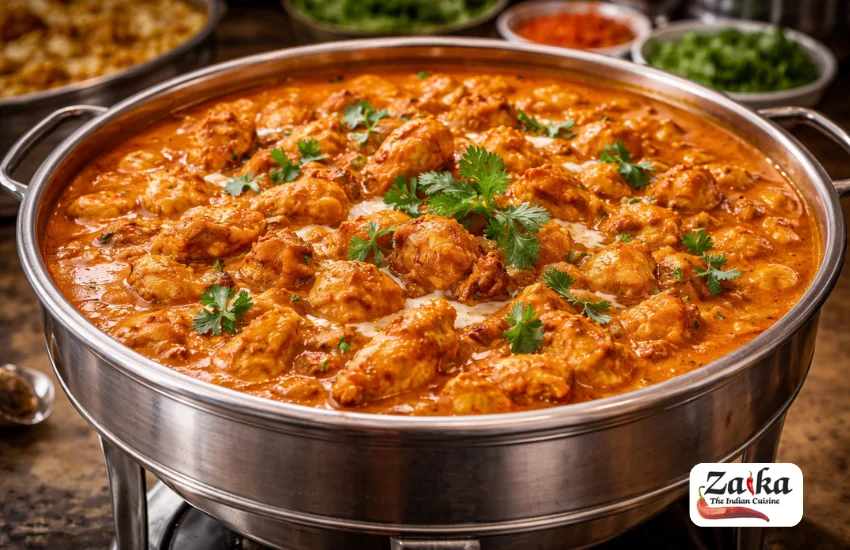 Creamy butter chicken in chafing dish