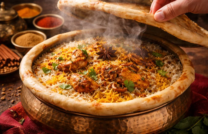 Steaming biryani in a brass handi - cooking biryani